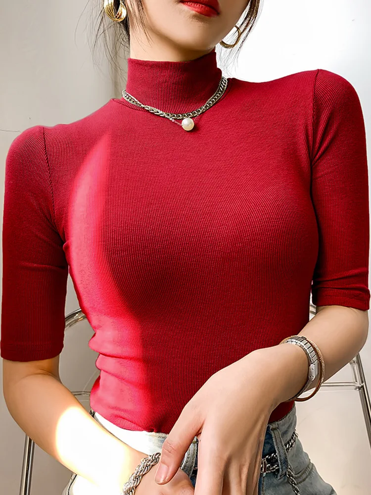 Basic Cotton Solid Color T Shirt Women Turtleneck Slim Tshirt Short Sleeve T-shirts Female Casual Elasticity White Tee Shirt