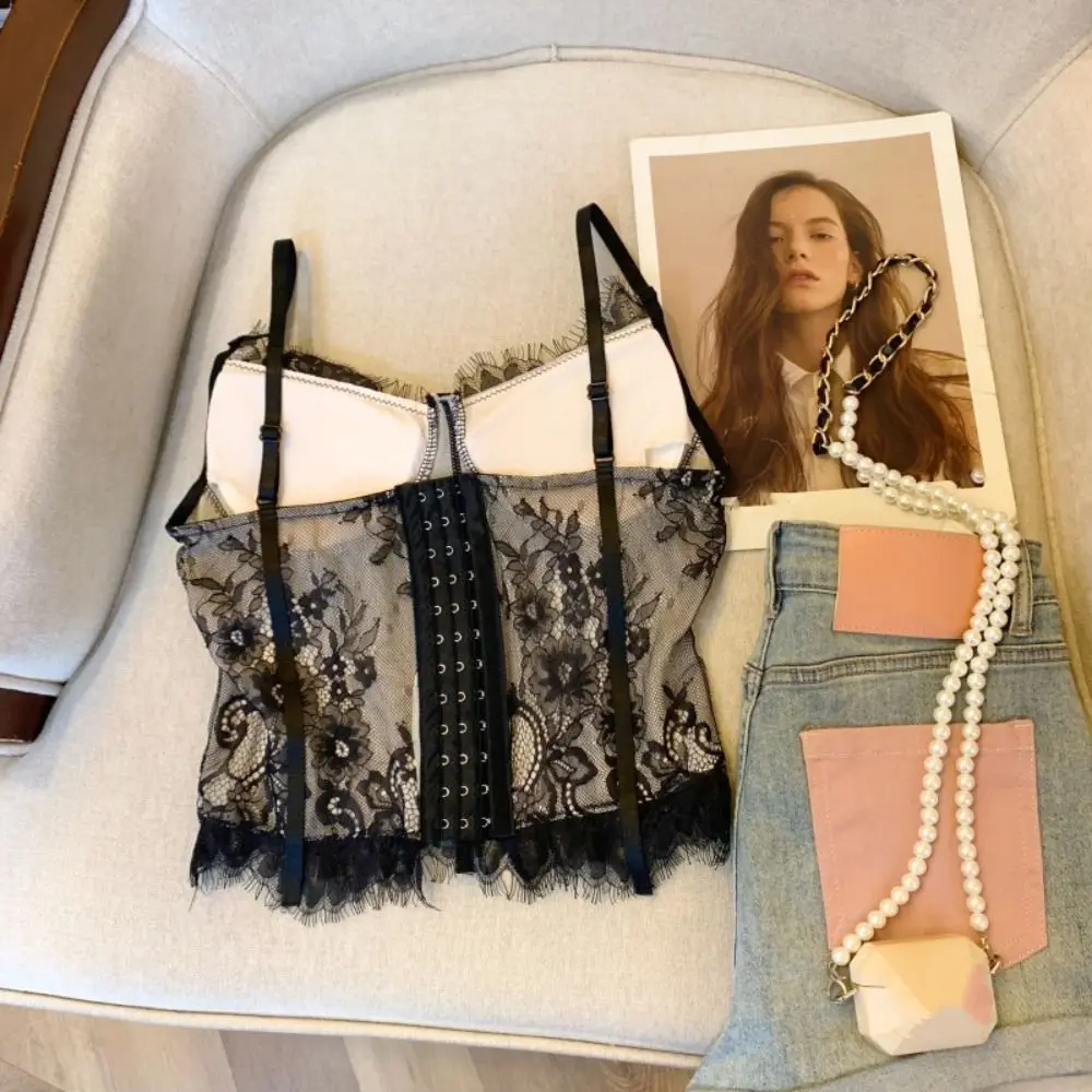 Spicy Girl Style Hollow Lace Camisole Transparent Sleeveless Lace Corset Tanks Streetwear Crop Tops Ladies