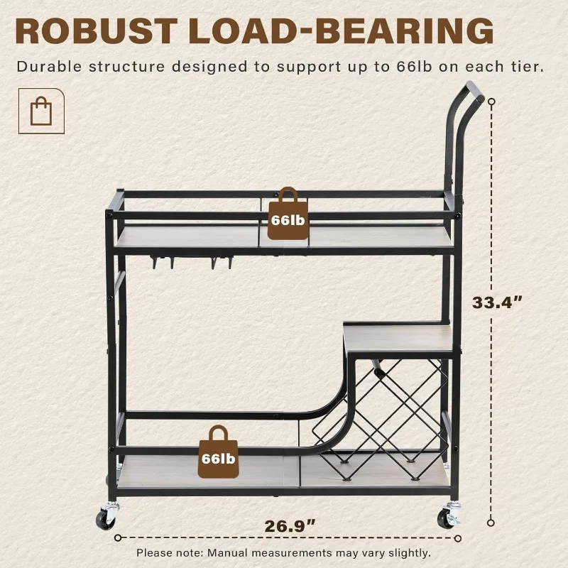 Bar Cart with Wheels, 2 Tier Bar Serving Carts for The Home Kitchen Dining Room with Wine Rack and Glass Holder