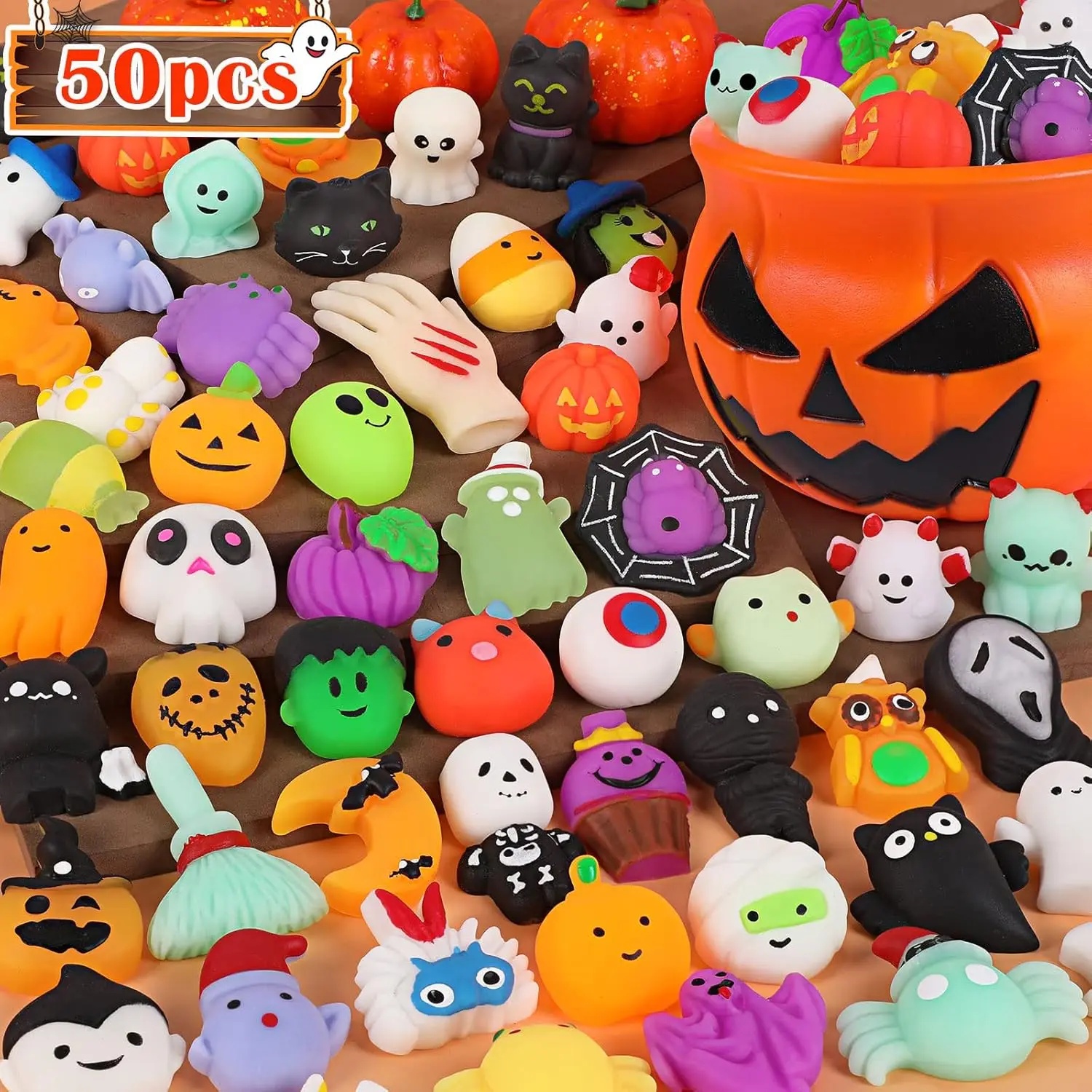 Mochi Squishy Toys with Halloween Pumpkin Bucket Trick or Treat Bucket Bat Skull Broken Hand Squeeze Toy Halloween Decorations