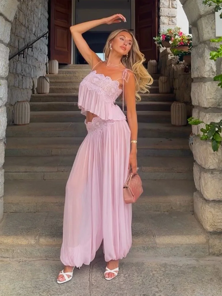 2026 Summer Fashion Square Neck Ruffled Crop Top & Long Pants 2-Piece Set Elegant Boho Resort Vacation Casual 2 Pcs Beach Outfit