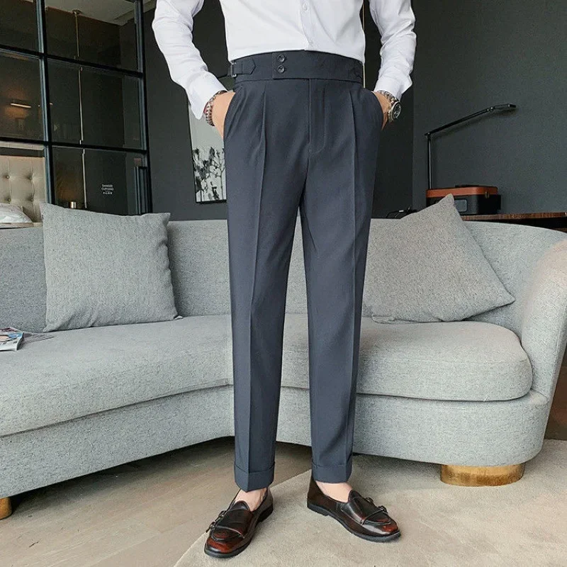 Men's Suit Pants British Style Solid Color High Waist Pants Men Formal Business Slim Fit Suit Pants Social Wedding Casual