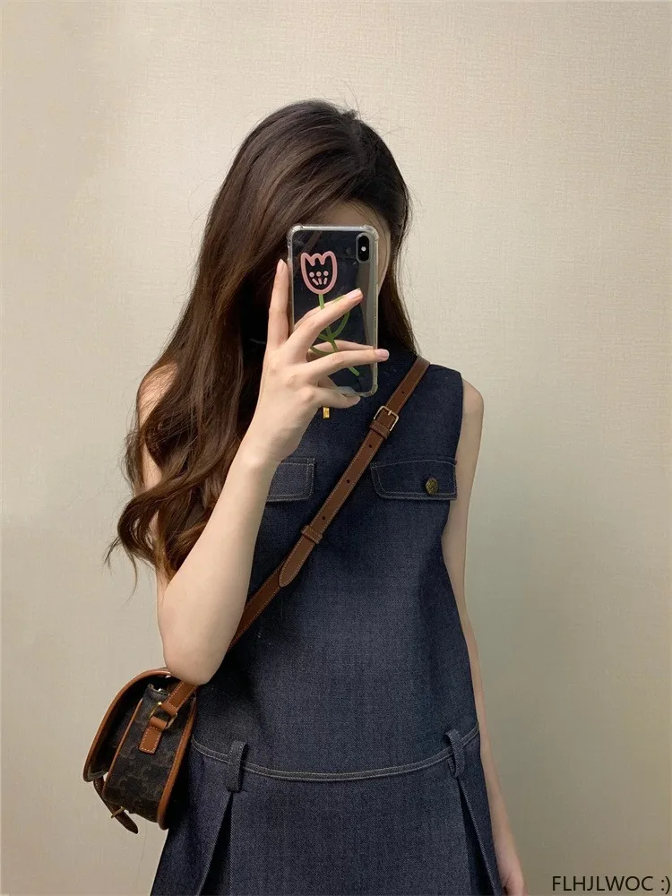Abiti da camicia senza maniche nuovo Design donna ufficio Lady Girls All-Match Solid Ruffles Mini Blue Jeans Denim Dress