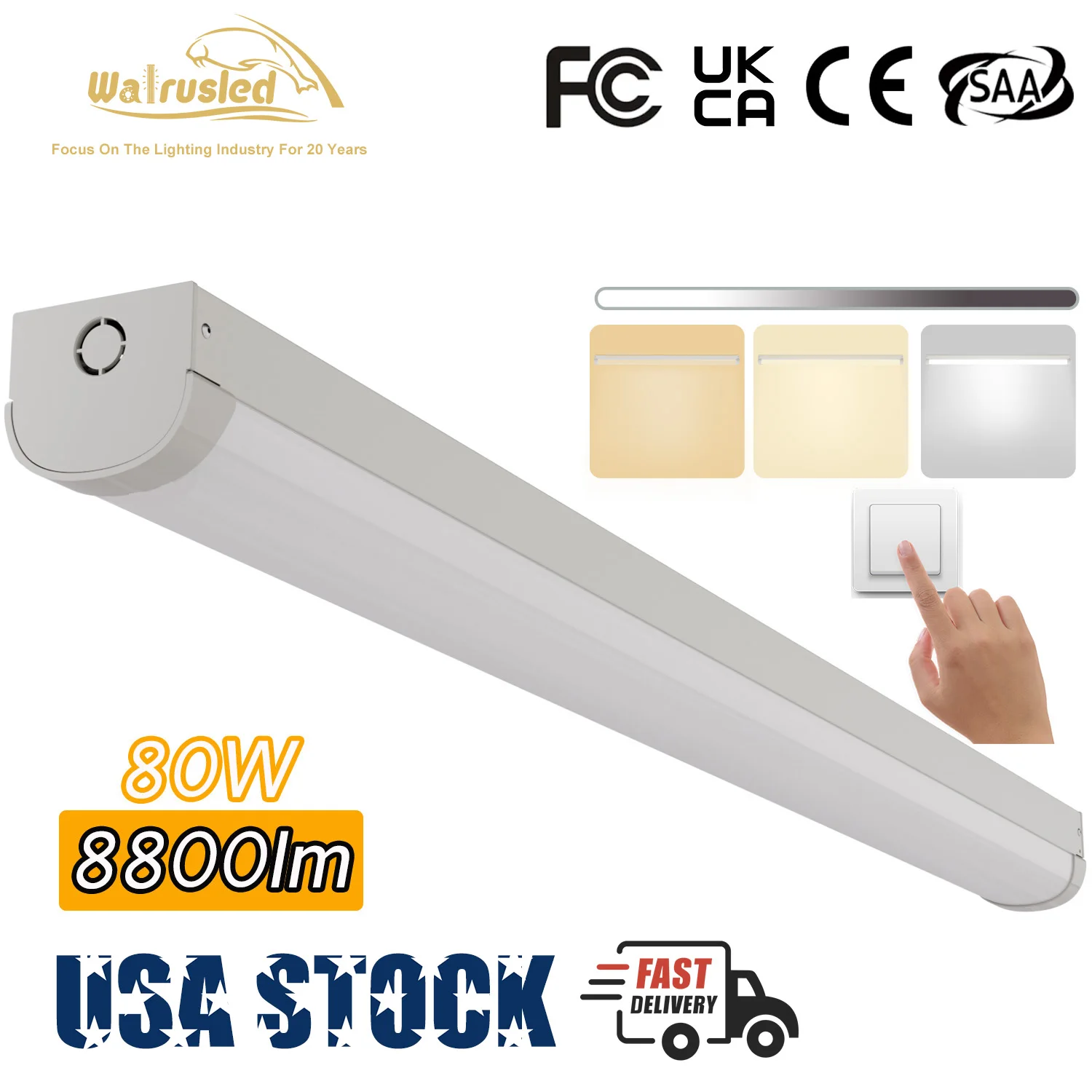 Lampada da soffitto per scale a striscia lineare a LED da 4 piedi 80W 8800lm 3/4/5000K SCR Dimmerabile per interni Lampada da soffitto per negozio a LED per officina FCC