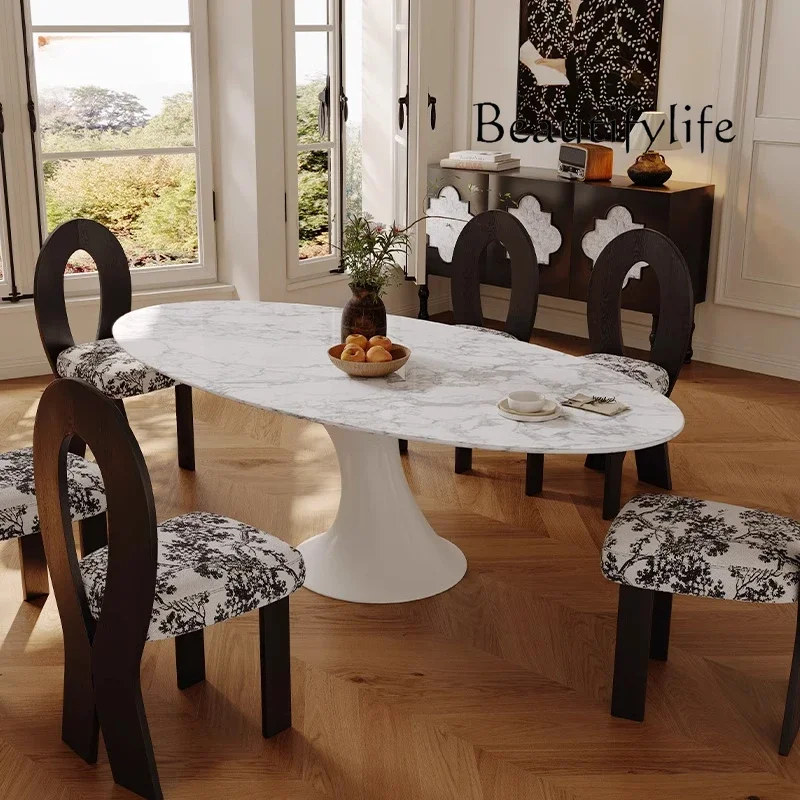 Mesa de comedor ovalada de mármol natural retro francés X36, combinación de mesa y sillas redondas de Carrara White.