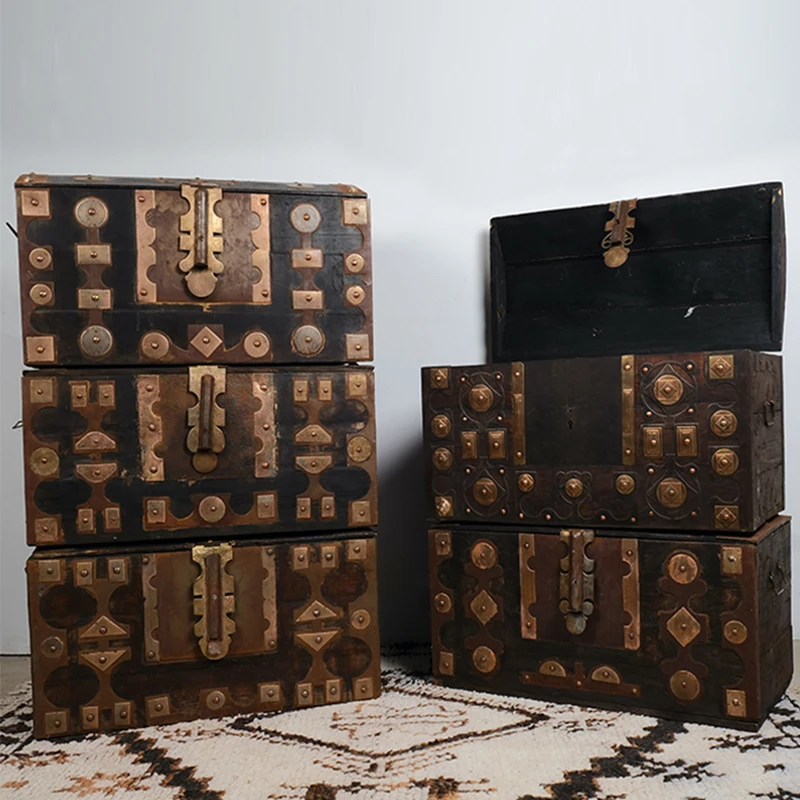 

Moroccan antique wooden box metal inlay imported bohemian furniture storage living room porch cabinet