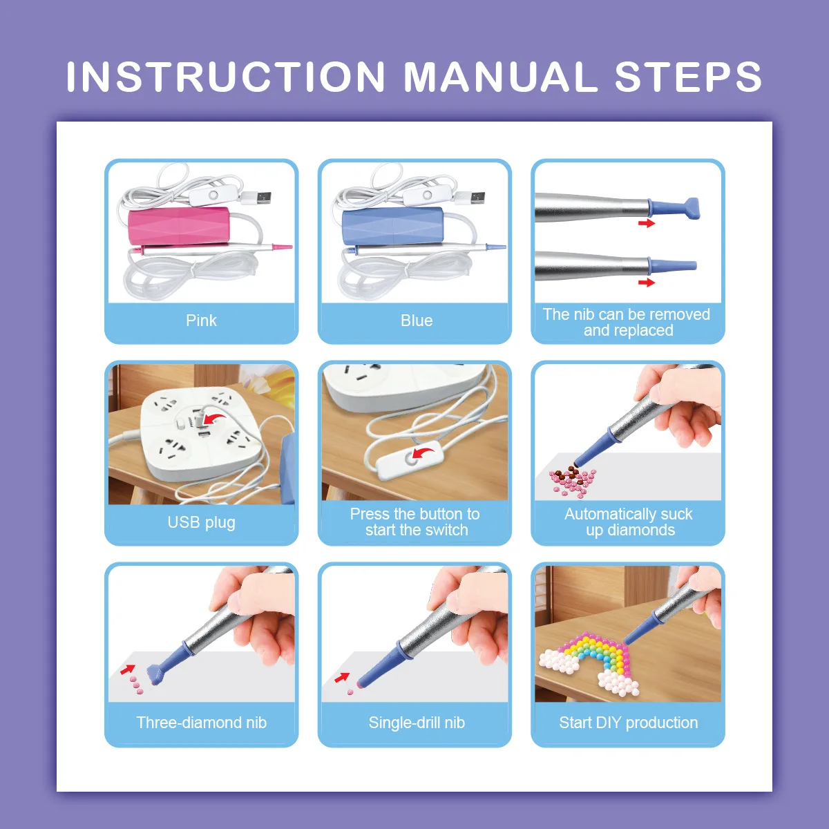Nuevo lápiz de perforación eléctrica USB Diamond Draw Point Drill Kit de pintura manual DIY Long Stick Drill Tool Regalos para niños Juguetes educativos