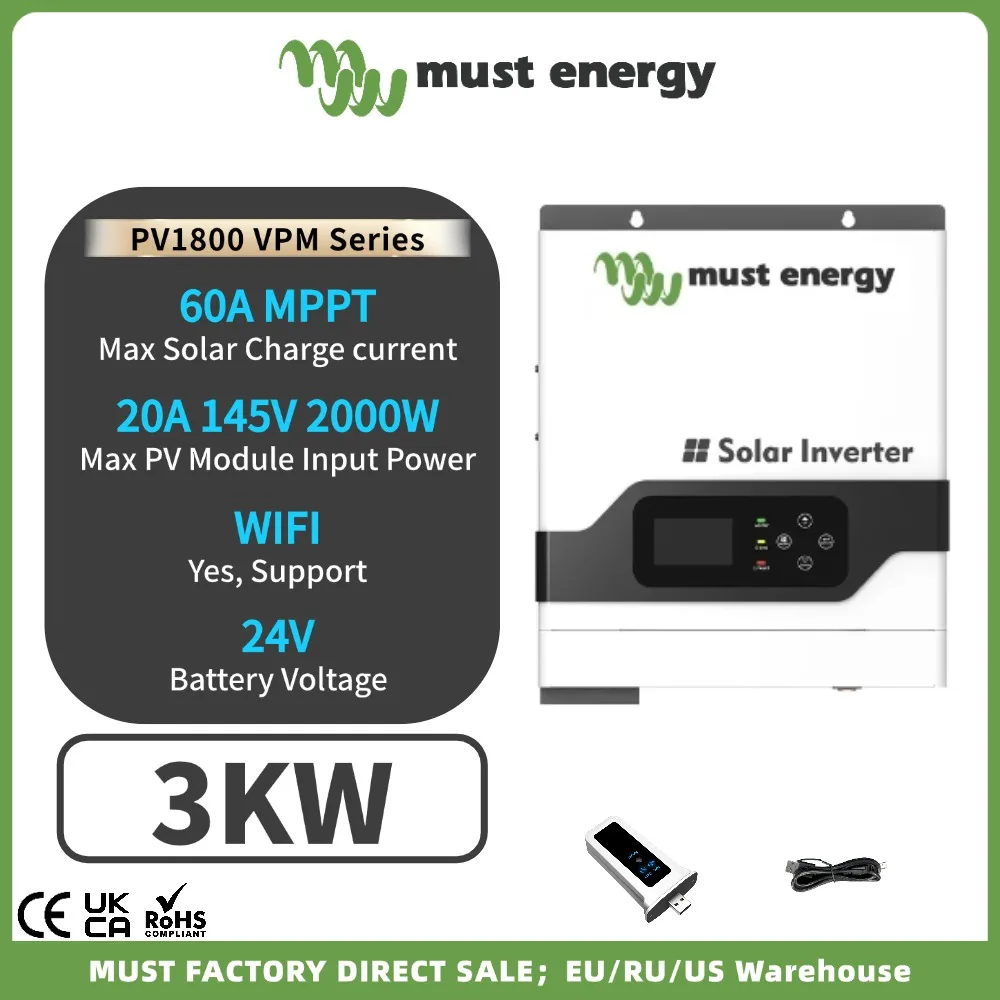 MUST Energy 3024 VPM Hybrid Solar Inverter 24V 3KW 3000W Pure Sine Wave On Off Grid 230VAC Output Build in MPPT 60A WIFI