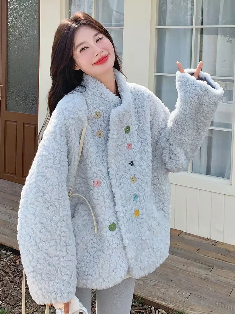 Blue Faux Lamb Sweet Coat Women Vintage Winter Preppy Style Kawaii Warm Jacket Korea Stand Collar Long Sleeve Colors Button Tops