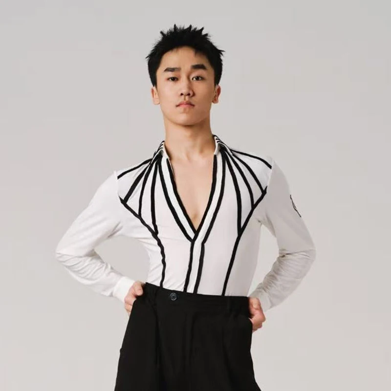 2026-men-latin-dance-tops-white-long-sleeves-v-neck-competition-shirts-adult-male-cha-cha-ballroom-dance-performance-clothes