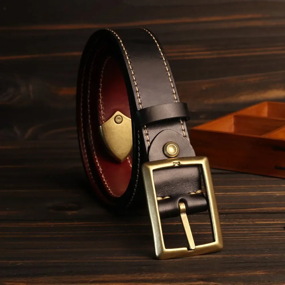 Fashionable Retro Men's Thicken Cowhide Leather Double-sided Belt with Solid Brass for Trendy Workwear Jeans Belt 38MM Width