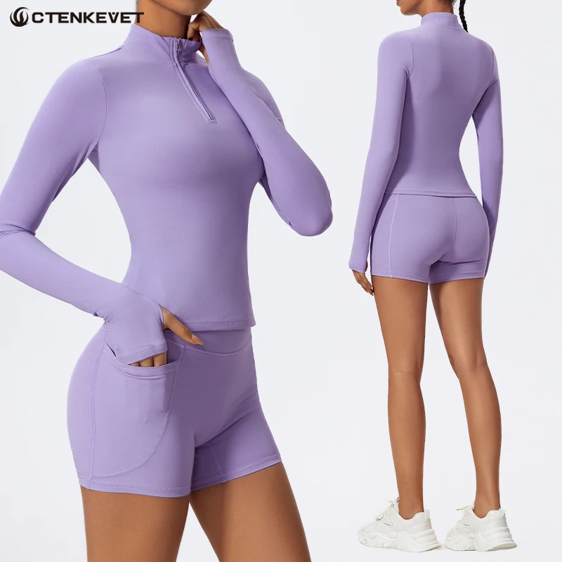 ctenkevet-women's-two-piece-sports-set-gym-half-zip-suit-female-summer-running-athletic-shorts-women's-workout-pocket-yoga-pants