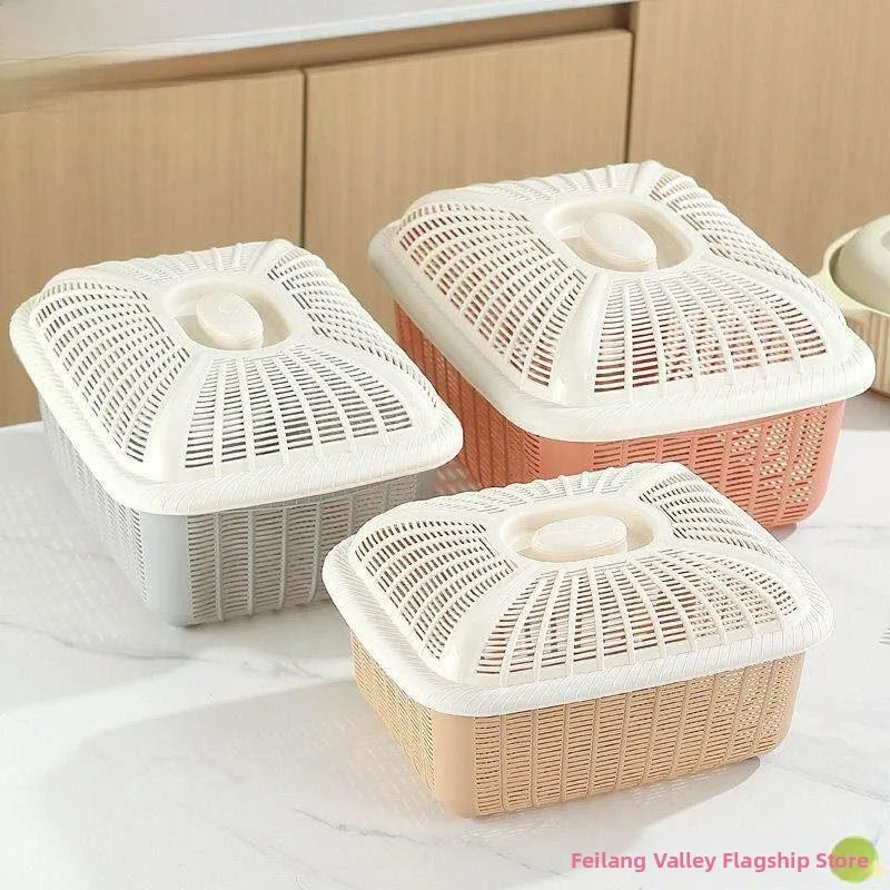 

Kitchen Storage Basket with Lid Hollow out Design for Washing Vegetables And Fruits Steamed Bun Basket Fruit Serving Tray