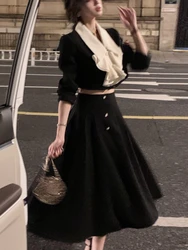 Korean Suit 2022 Autumn Elegant 2 Piece Dress Set Office Lady Long Sleeve Crop Tops + Casual Black Midi Skirt Woman Slim Retro