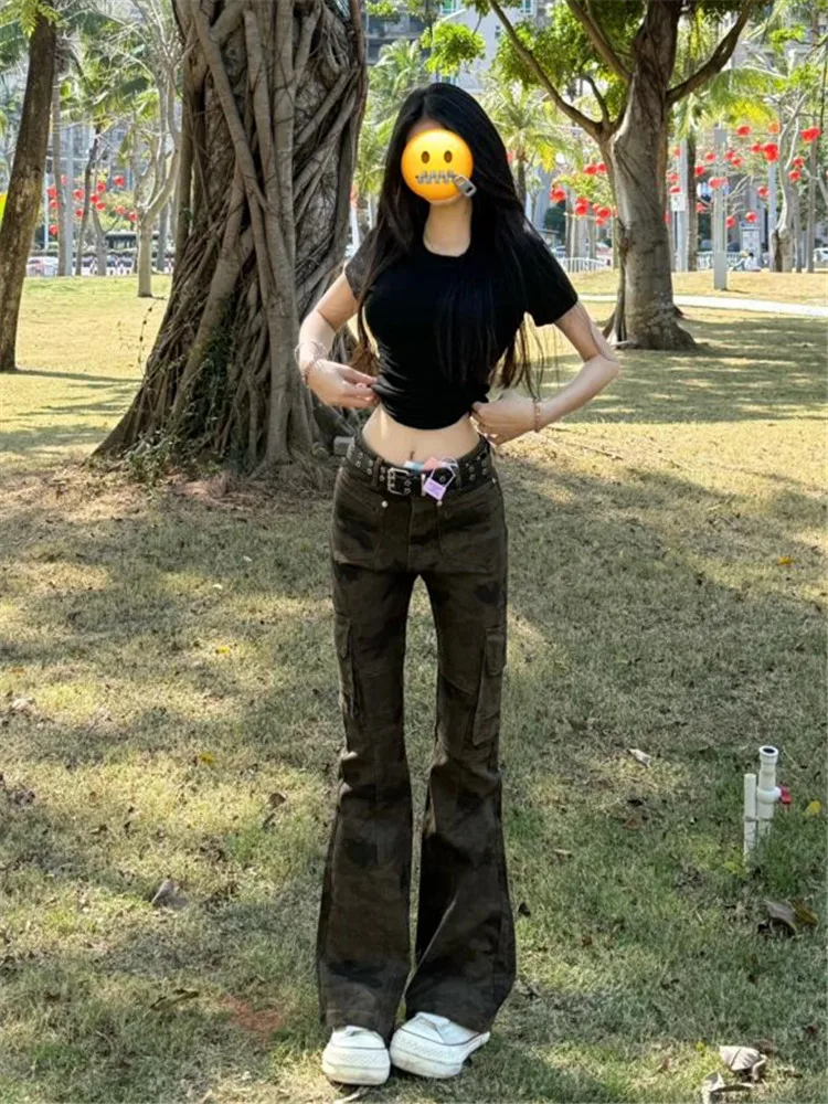 

American Retro Street Style High Waist Extended Camouflage Flared Jeans Women's Slimming Workwear Pants High Street