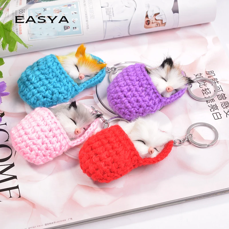 EASYA Handmade Cute Sleeping Cat Pompom Funny Bag Keychain For Women Girls 4 Colors Woven Shoes Faux Rabbit Fur Car Key Rings