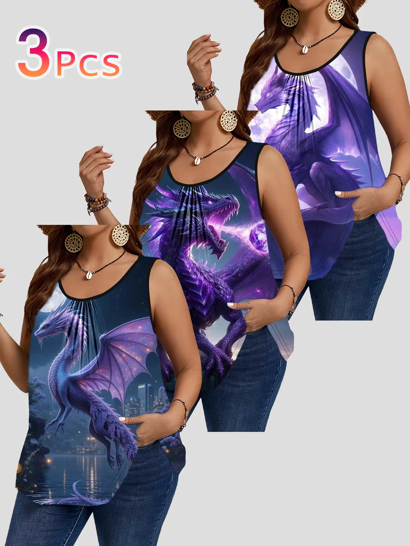 3-Piece Set of Large Size Purple Fantasy Dragon Print Sleeveless Vests for Women, Starry Sky Magic Dragon Pattern Loose Round Neck Tops That Cover the Body and Can Be Worn Outside