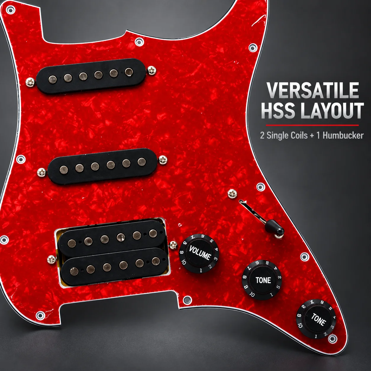 Red Pearl HSS Prewired Pickguard for ST/SQ Style Electric Guitar, 2 Single-Coil Pickups, Humbucker, 5-Way Switch