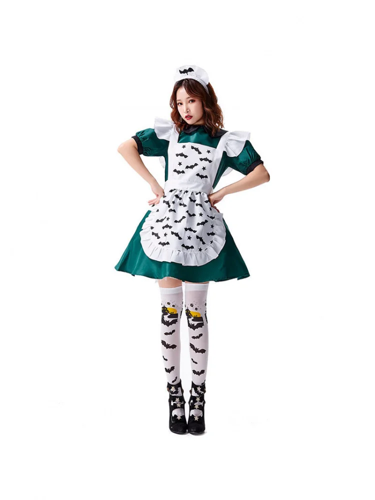 

Green Short Skirt Dress Evil Bat Cosplay Halloween Magic Servant Outfit Performance Costume Women's Ethnic Stage Wear