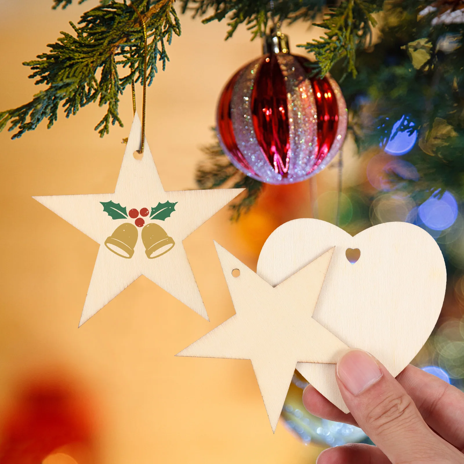 

100pcs Wooden Blank Craft Labels Hole for Decorations Hanging Star Wood Craft Tags Heart Shape Sewing Accessories