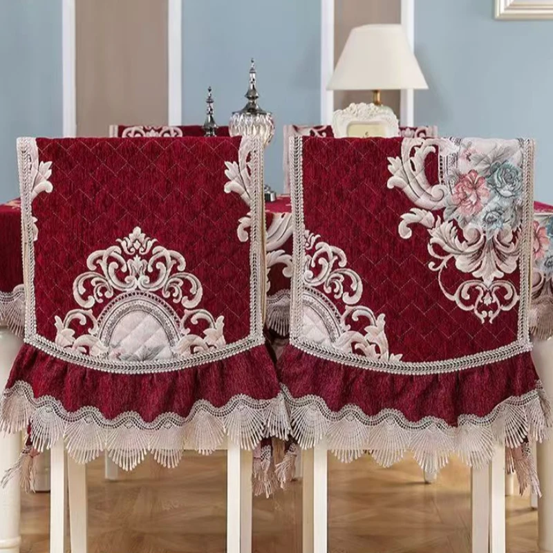 European Style Velvet Tablecloth Connected Chair Cover Lace Edge Integrated Stool Cover Round Table Cloth Thickened Cushion