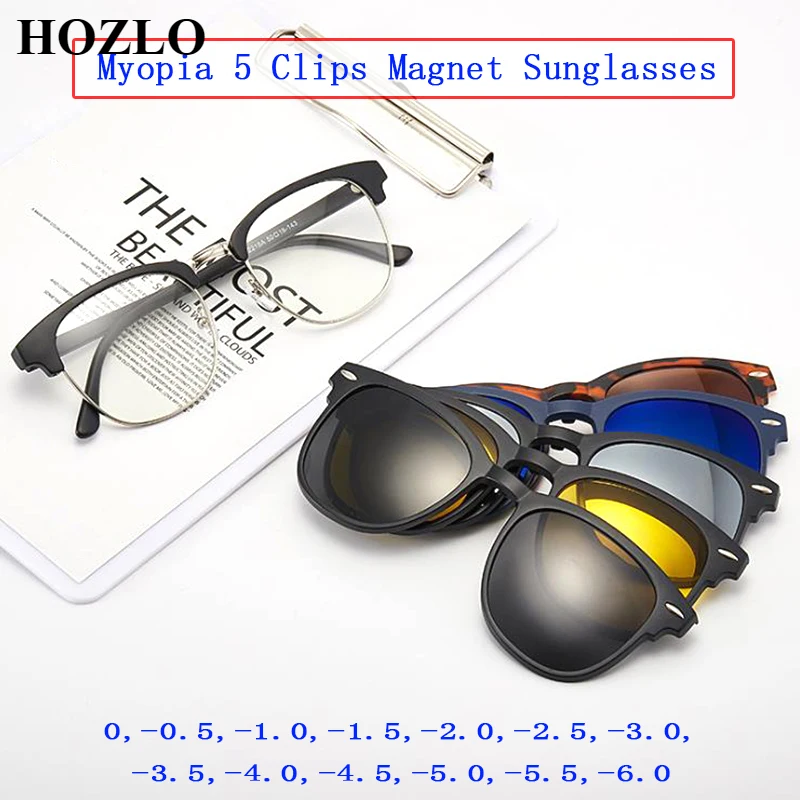 TR90 Frame 5Clips Magnet Myopia Sunglasses Set Men Women Shades Sun Nearisghted Glasses Polarized/Flash Mirror/Night Vision Lens