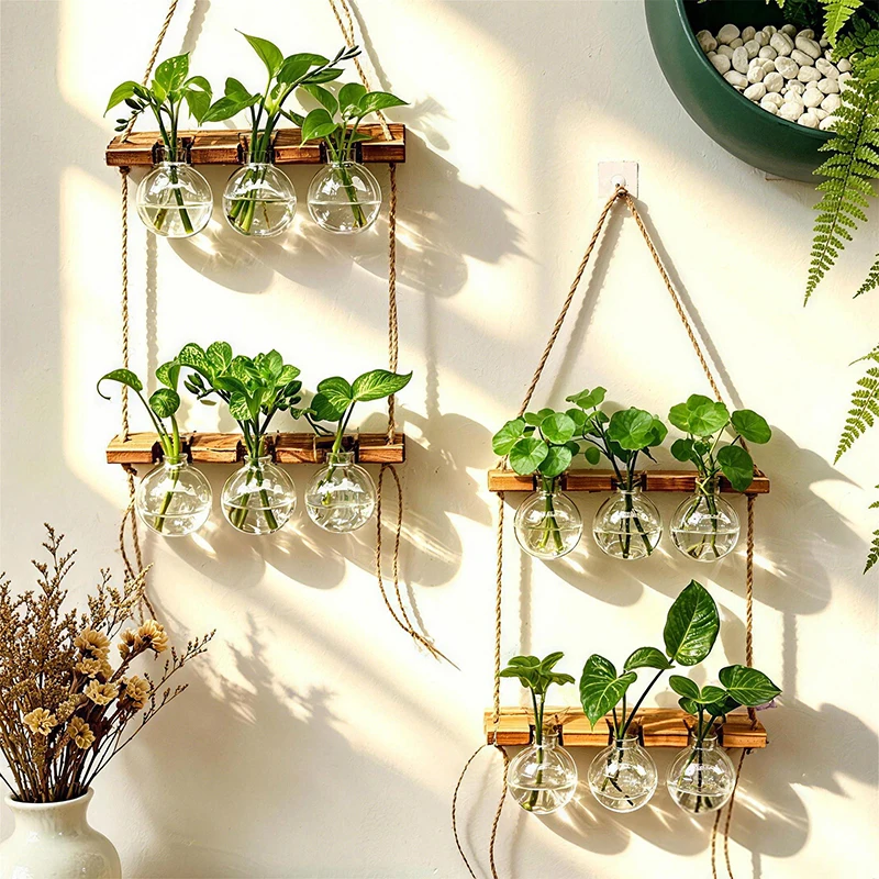 Boho-Hängepflanzgefäß aus Holz und ABS, wandmontierte Wasserpflanzenvase für Zimmerpflanzen, Haushalt, Schlafzimmer, Balkon, Wanddekoration