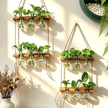 Boho Rope Hanging Wood‑ABS Planter Wall‑Mounted Water Plant Vase for Indoor Greenery…