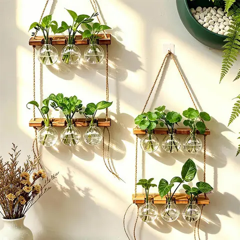 Boho Rope Hanging Wood‑ABS Planter Wall‑Mounted Water Plant Vase for Indoor Greenery Household Bedroom Balcony Wall Decoration
