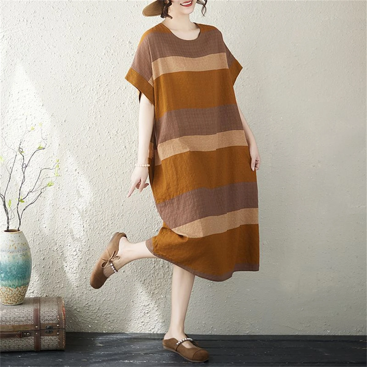 Casual Loose Short Sleeve Dress Women's Summer New Style Printed Belly Covering Elegant Long Dress Trendy Casual Dress