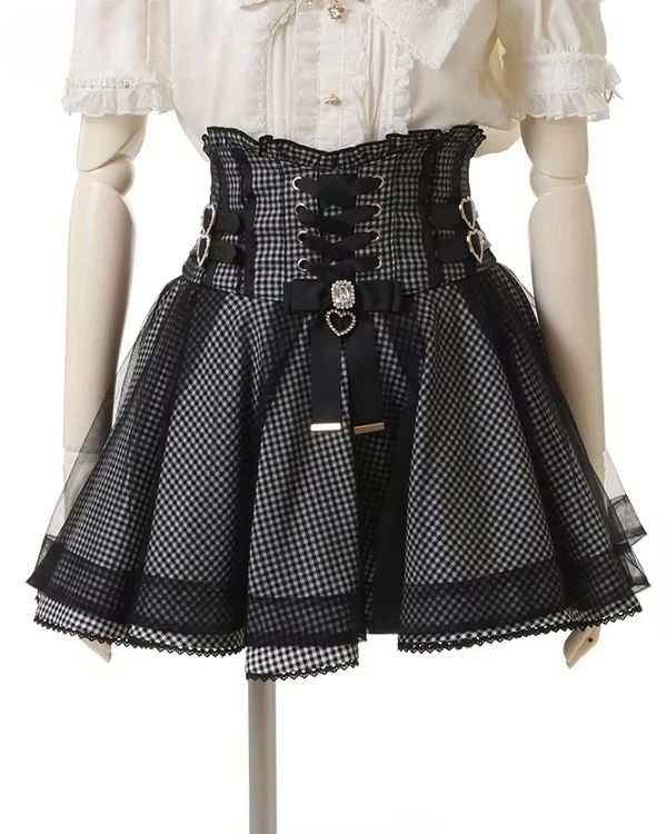 Japanese Liz New Summer Lace Edge Leather Ring High Waist Pleated Skirt Ribbon Bow All-match Short Skirts Big Bow Lolita Blouses