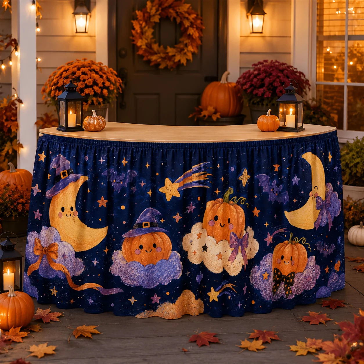 One tablecloth and table skirt, a cute Halloween table skirt with textured crayon-drawn smiling pumpkin faceszyc