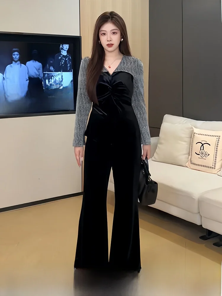 

Velvet plus Size Women's Faion Set with Long Sves Micro Flare Pants High Waist Commute Korean Sle Winter New Arrival