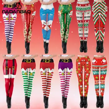 NADANBAO Ugly Christmas Leggings Women Santa Claus Pants Lady Holiday Party Trousers Green Stipes Skinny Tights Workout Bottom