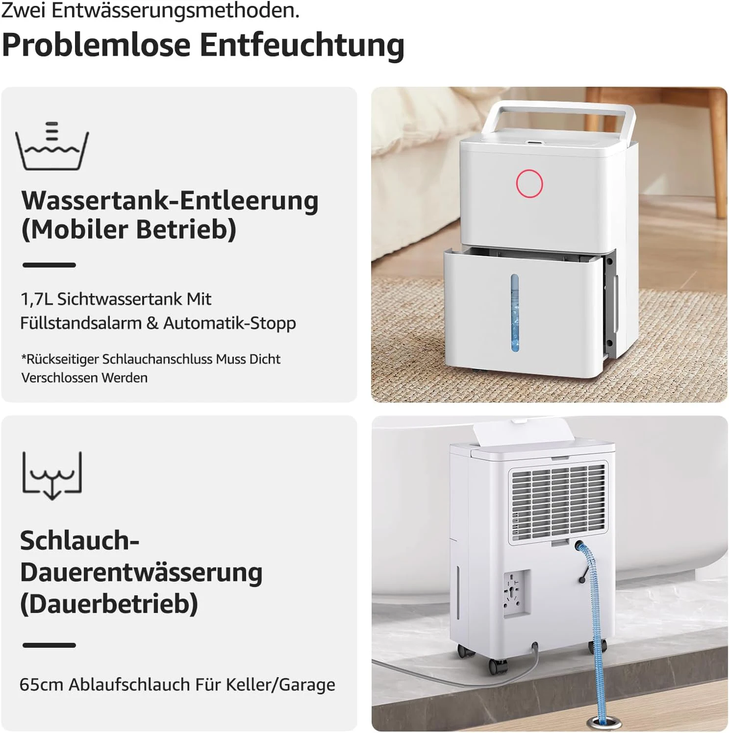 مزيل الرطوبة مع 4 أوضاع تشغيل، شاشة رقمية، خرطوم تصريف، لغرف 150 م3، إزالة الرطوبة 9 لتر/يوم