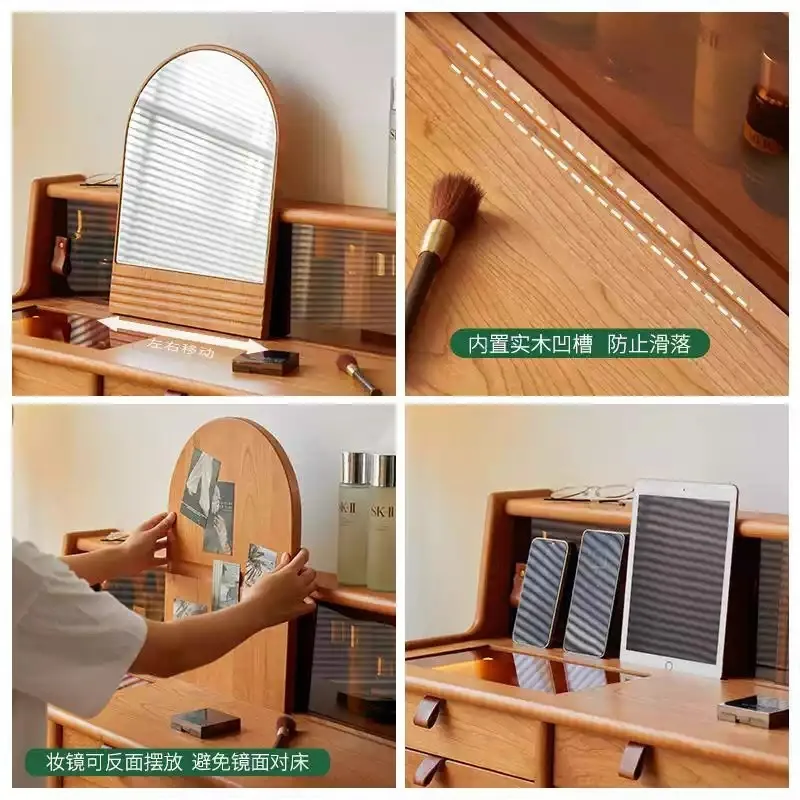 طاولة مكياج لغرفة النوم، طاولة زينة صغيرة من خشب الكرز، خزانة تخزين، شقة صغيرة متكاملة، طراز متوسط وقديم #4