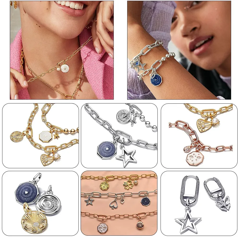 Niedlicher Regenbogen-Medaillon und Anker-Mini- und Haifischzahn für goldfarbenes Mini-Charm aus 925er-Sterlingsilber, passend für Pandora ME-Armbänder