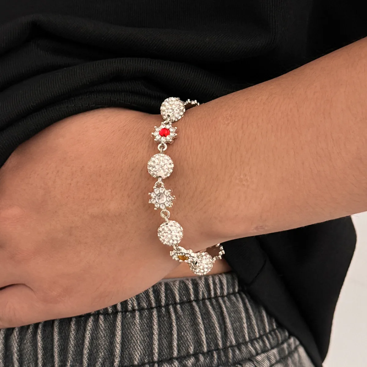 

KunJoe Hip Hop Rhinestone Sun Flower Charm Bracelet for Men Trendy Round Ball Bead Chain Bangle 2025 Male Jewelry Accessories
