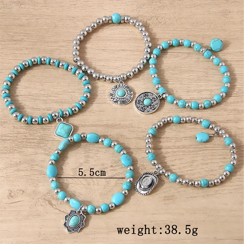 Ethnic 5pcs/Set Artificial Turquoise Stone Bracelets Set Multilayer Elastic Bracelets Jewelry Set Gifts Holiday Accessories