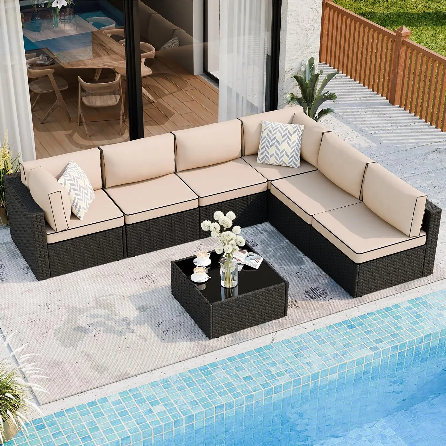 7 Pieces Outdoor Patio Sectional Sofa Wicker Set with Washable Cushions & Glass Table for Garden Poolside Backyard, Customized