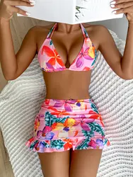 3 Pieces Floral Halter Triangle Bikini 2026 Women & Beach Skirt Swimwear Female Sexy Swimsuit Beachwear Bathing Swimming Suit