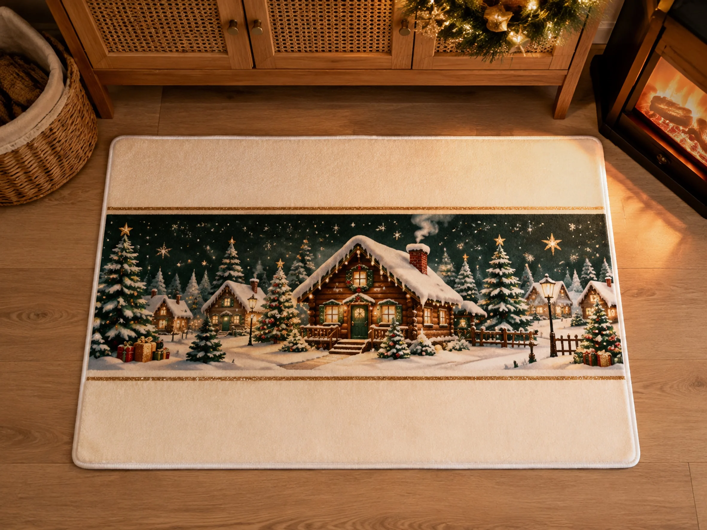 VIKAMA Christmas Green Gold House Flannel Door Mat, Quick Dry Non-Slip Floor Mat, Xmas Decor for Front Porch, Mudroom, Farmhouse