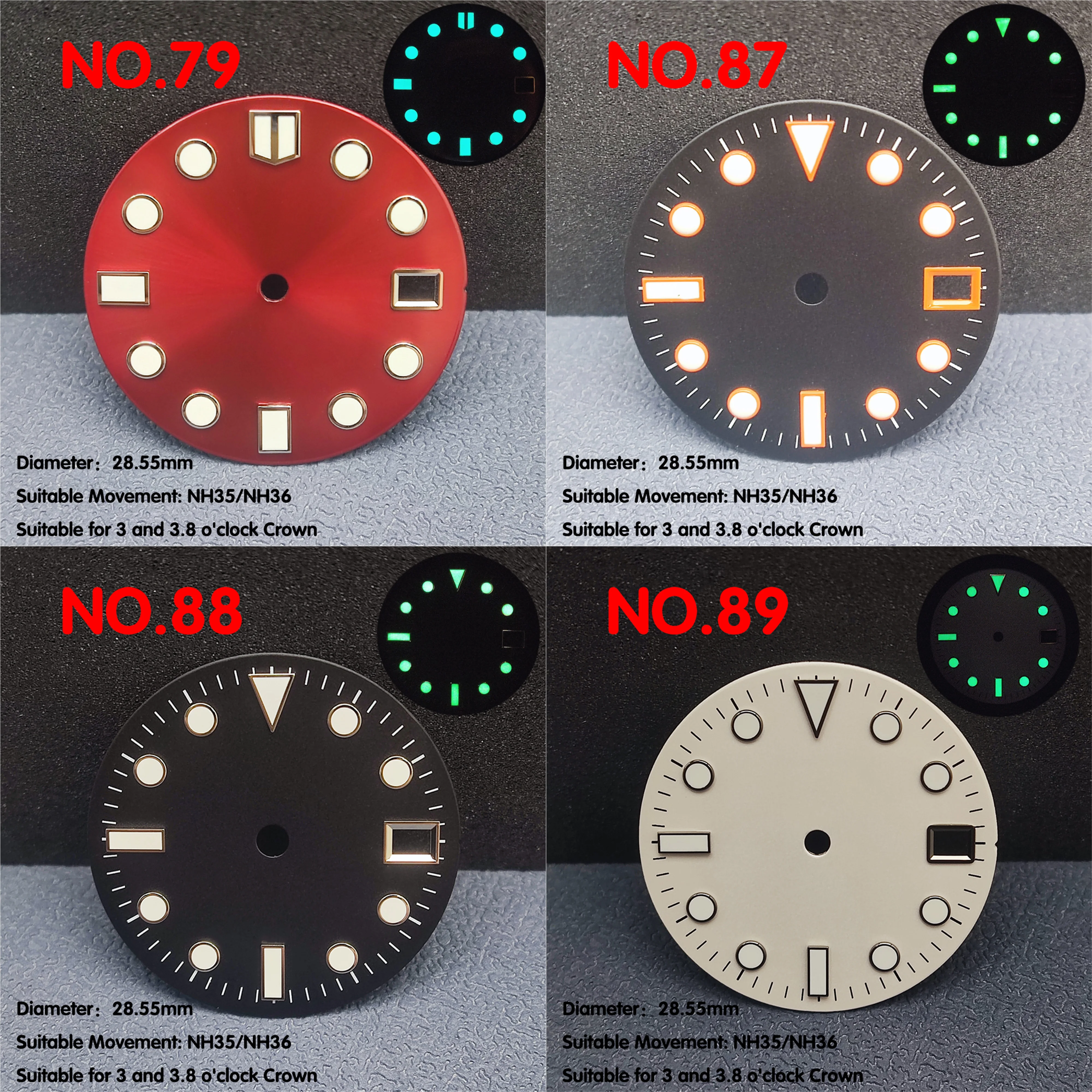 28.5mm watch dial single day NH35/NH36 colorful gradient night vision watch dial with support for custom logo