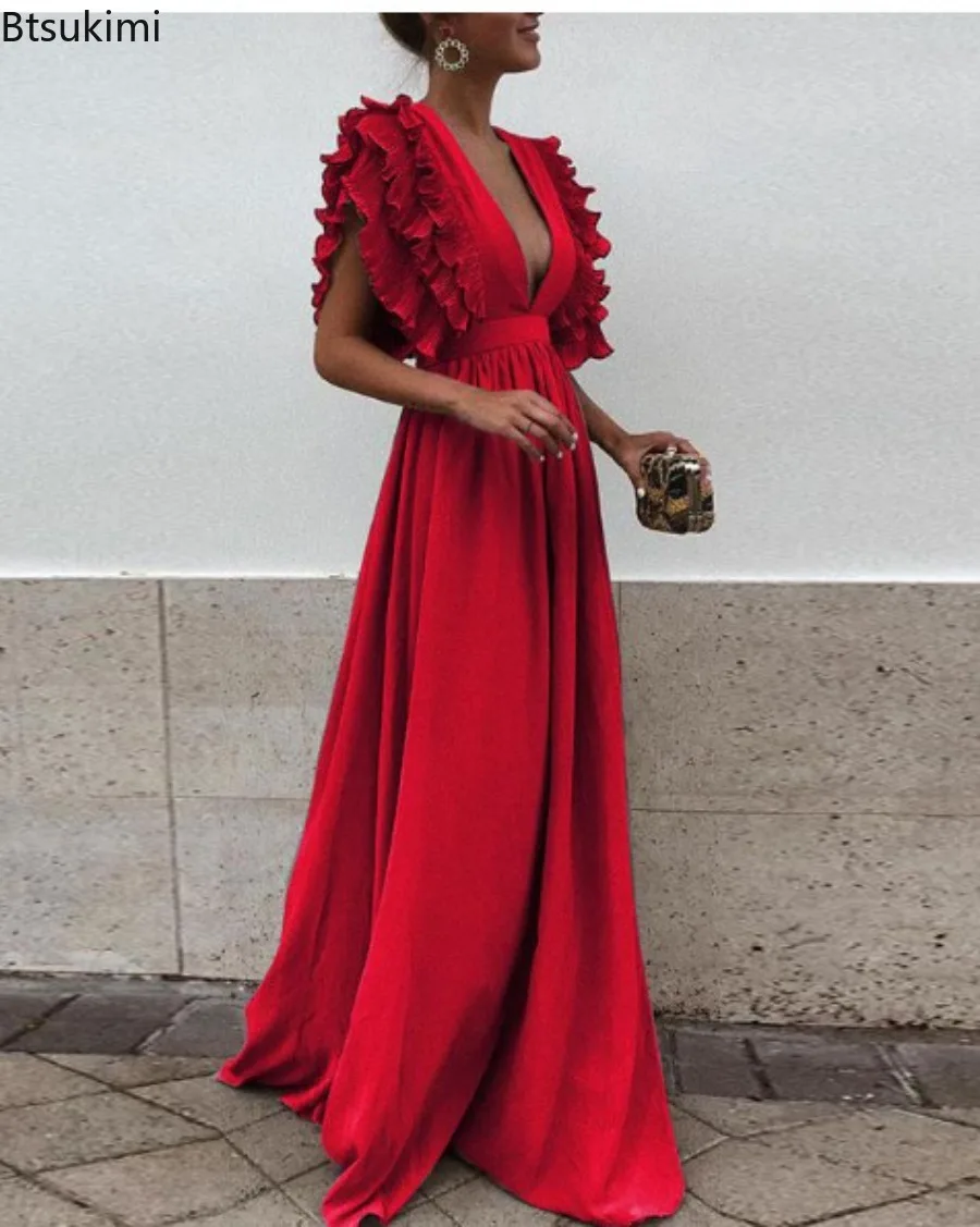 Neues Damen Sexy Tiefer V-Ausschnitt Rückenfreies Maxikleid Mode Flügelärmel Hohe Taille Weites Schwungkleid Elegantes Abendkleid