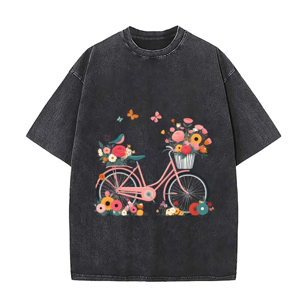 Floral Pink Bicycle With Bird Butterflies And Flower Basket Washed Distressed Loose Streetwear Tops for City Walks