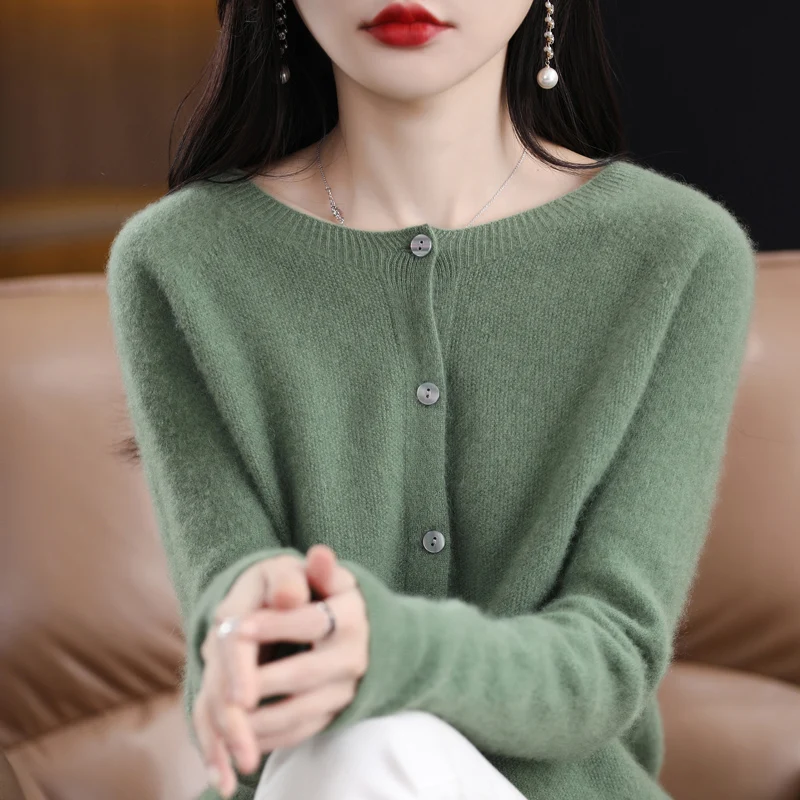 New Fashion Autumn Winter 100% Merino Wool Womens O-neck Cardigan Cashmere Sweater 2024 Female Clothing Basic Knitwear Tops