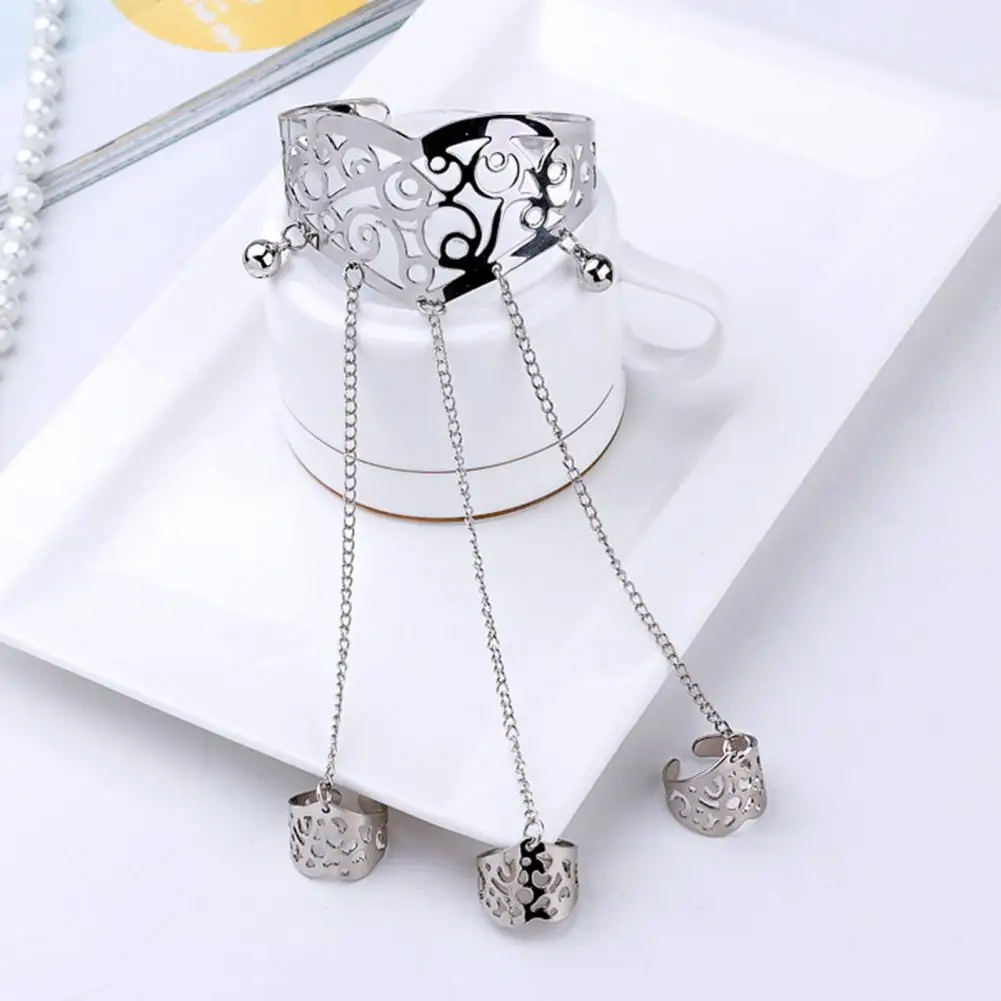 Multilayer Tassel Bell Hand Harness Bracelet Hollow Engraved Pattern Adjustable Bangle Finger Chain Jewelry Accessories