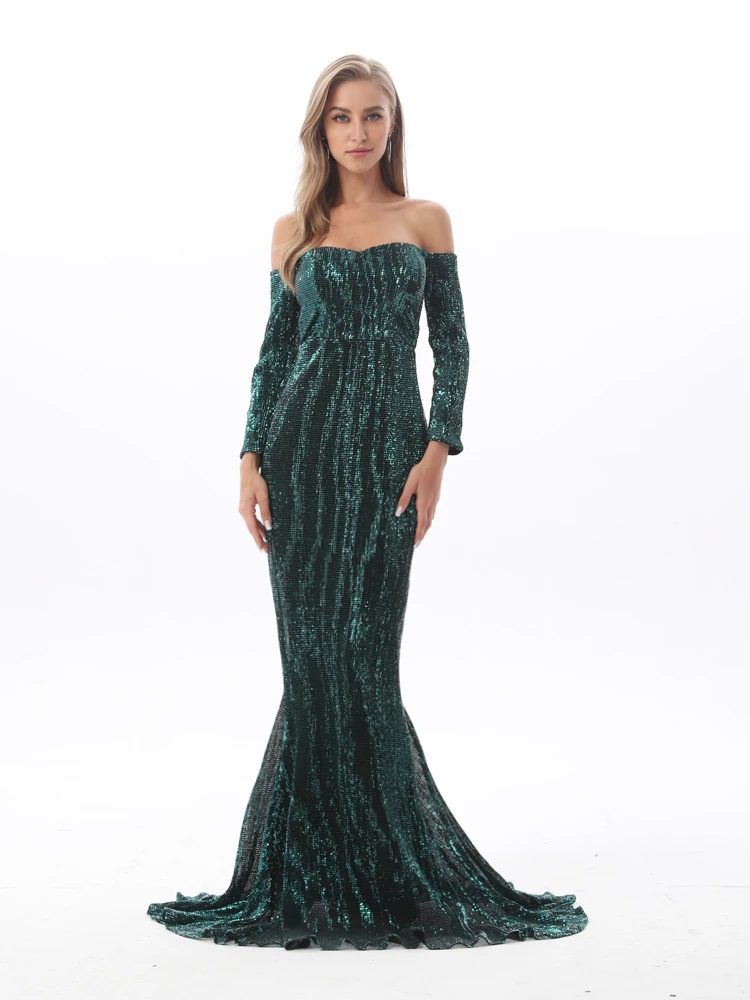 Romagic Green Shiny Off The Shoulder Mermaid Wedding Party Long Sleeves Evening Dress Sequin Stretchy Women Celebrity Dresses