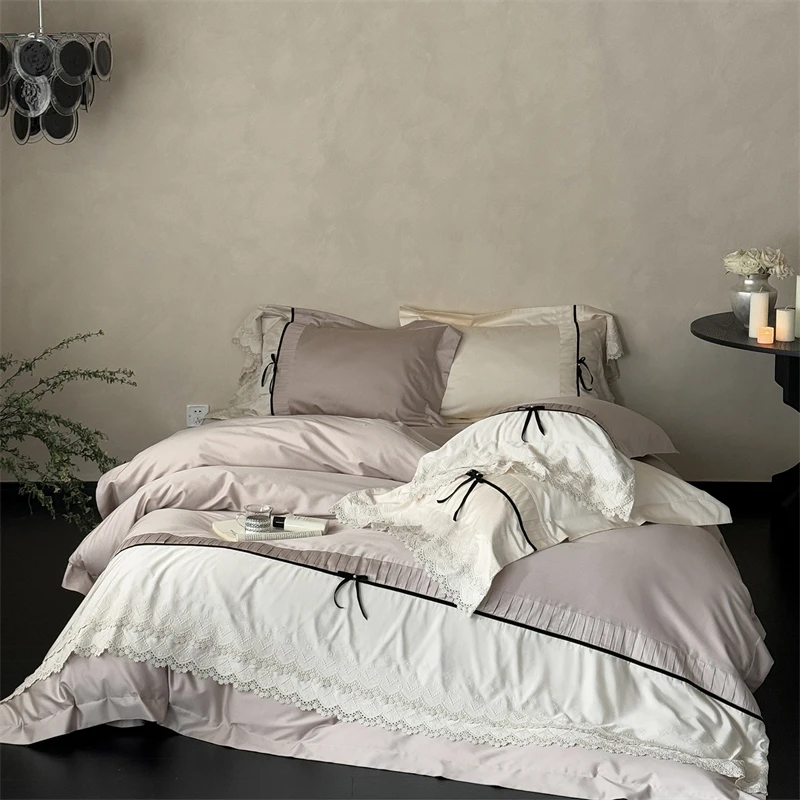 Vintage Lace Bow Elegant French Princess Bedding Set 1000TC Egyptian Cotton Duvet Cover Flat/Fitted Bed Sheet Pillowcases 4Pcs
