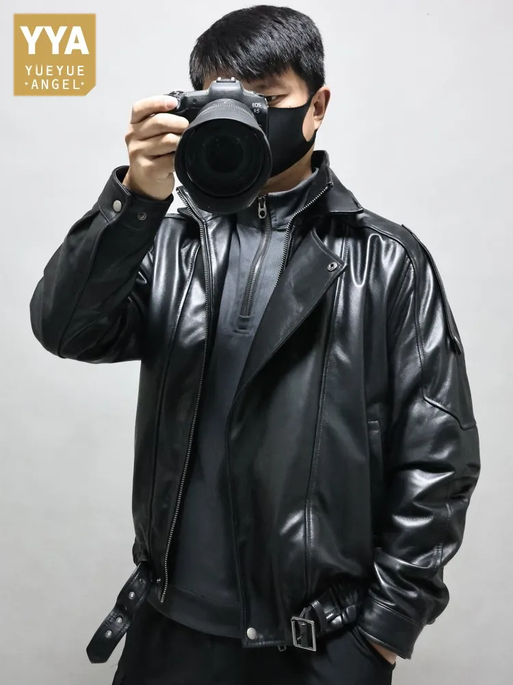 Winter Mens Double Layered Collar Black Sheepskin Jackets Zipper Loose Genuine Leather Motorcycle Jacket Youthful Casual Coat